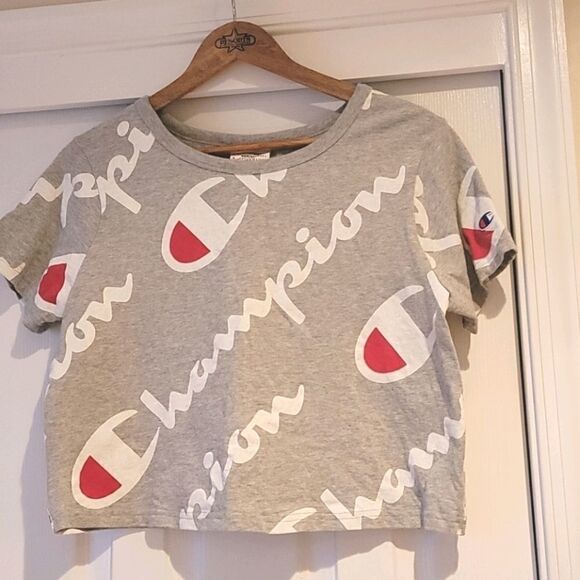 Champion Heritage Athletic Gray All Over Script Logo Crop Top T Shirt Medium - Picture 5 of 10